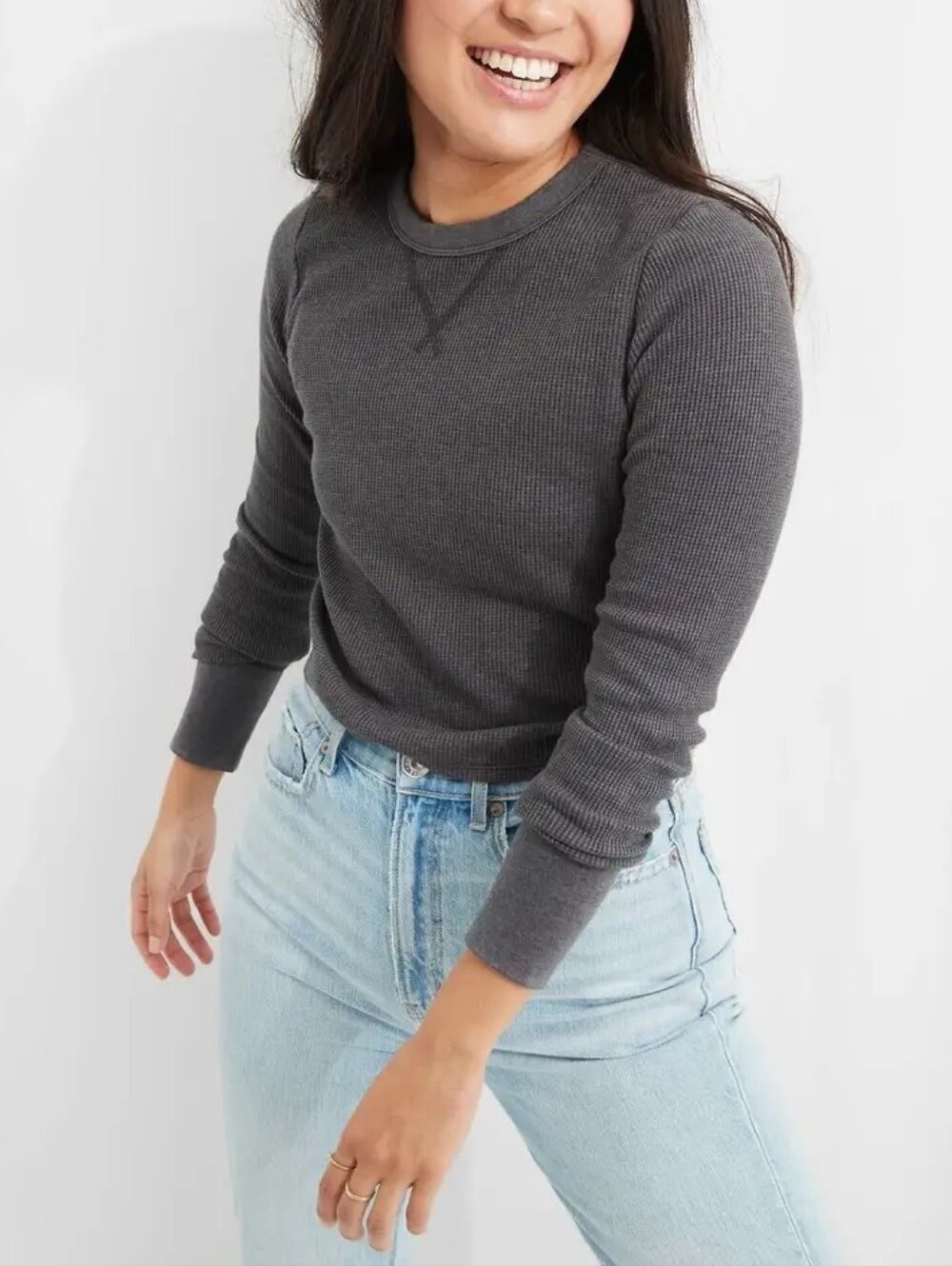 Aerie Gray Waffle Knit Thermal Cropped Long Sleeve Top